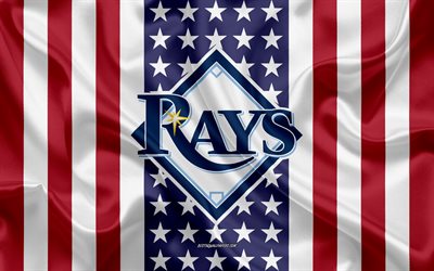 Tampa Bay Rays, 4k, logo, emblem, silk texture, American flag, American baseball club, MLB, St Petersburg, Florida, USA, Major League Baseball, baseball, silk flag