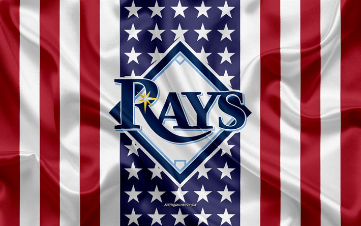 Tampa Bay Rays, 4k, logo, tunnus, silkki tekstuuri, Amerikan lippu, Amerikkalainen baseball club, MLB, St Petersburg, Florida, USA, Major League Baseball, baseball, silkki lippu