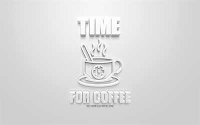 وقت القهوة, الأبيض رمز 3d, خلفية بيضاء, أنيقة الفن, 3d علامات, 3d فنجان القهوة رمز