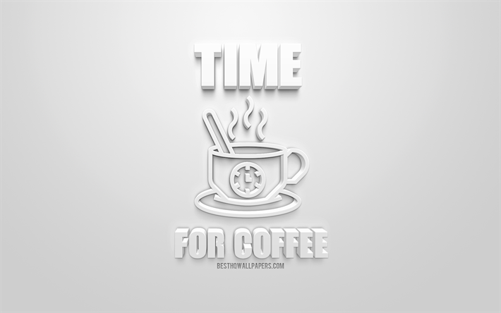 zeit f&#252;r einen kaffee, wei&#223;-3d-symbol, wei&#223;er hintergrund, stilvolle art, 3d-schilder, 3d kaffee tasse symbol