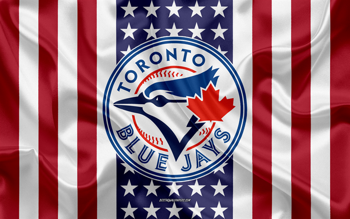 Toronto Blue Jays, 4k, logo, tunnus, silkki tekstuuri, Amerikan lippu, Kanadan baseball club, MLB, Toronto, Ontario, Kanada, USA, Major League Baseball, baseball, silkki lippu