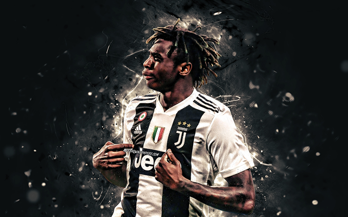 Moise Kean, close-up, A Juventus FC, Italiano de futebol, objetivo, futebol, Serie A, A Juventus, Moise Bioty Kean, luzes de neon, A Juve, criativo, It&#225;lia