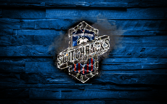 Colorado Springs Switchbacks FC, polttava logo, USL Mestaruuden, sininen puinen tausta, american soccer club, Colorado Springs Switchbacks, grunge, jalkapallo, Colorado Springs Switchbacks logo, Colorado, USA