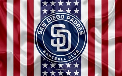 San Diego Padres, 4k, logo, stemma, seta, trama, bandiera Americana, American club di baseball, MLB, San Diego, California, USA, Major League di Baseball, baseball, seta bandiera