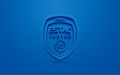 Troyes AC, creative 3D logo, blue background, 3d emblem, French football club, Ligue 2, Troyes, France, 3d art, football, stylish 3d logo