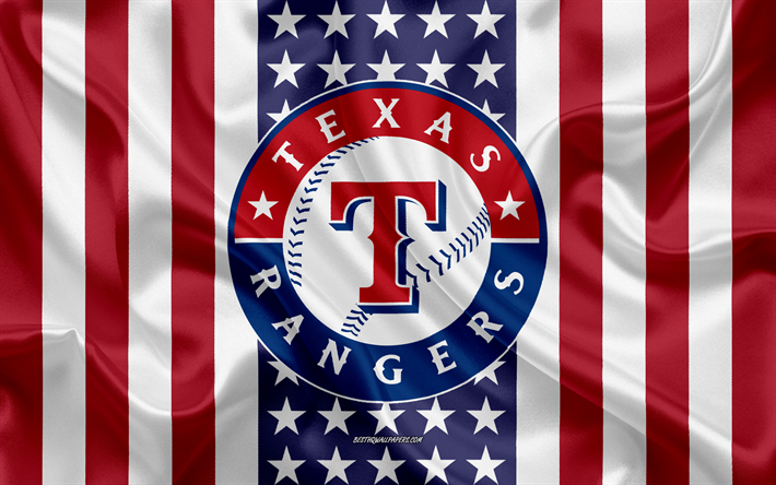 テキサスレンジャー, 4k, ロゴ, エンブレム, シルクの質感, アメリカのフラグ, アメリカ野球クラブ, MLB, アーリントン, テキサス州, 米国, メジャーリーグベースボール, 野球, 絹の旗を