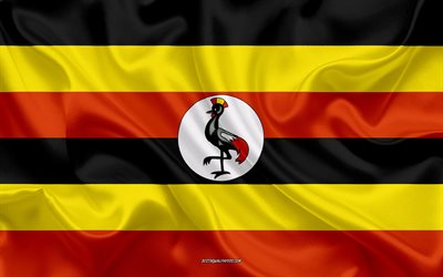 Ugandan lippu, 4k, silkki tekstuuri, kansallinen symboli, silkki lippu, Ugandassa, Afrikka, liput Afrikkalainen maissa
