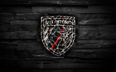 San Antonio FC, burning logo, USL Championship, black wooden background, american soccer club, grunge, football, soccer, San Antonio logo, San Antonio, USA