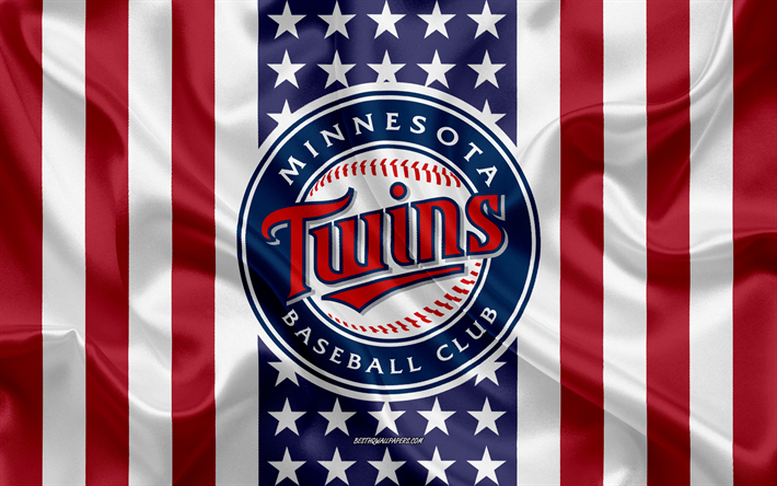 Minnesota Twins, 4k, logo, emblem, silk texture, American flag, American baseball club, MLB, Minneapolis, Minnesota, USA, Major League Baseball, baseball, silk flag