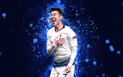 4k, Son Heung-min, white uniform, Tottenham Hotspur FC, forward, South Korean footballers, soccer, Heung-min Son, Premier League, neon lights, Tottenham FC