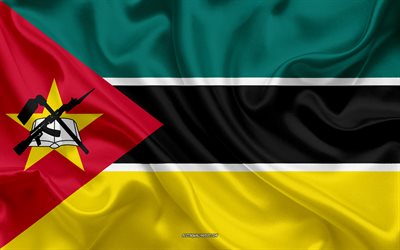 Afrika &#252;lkeleri Mozambik bayrağı, 4k, ipek doku, Mozambik bayrak, ulusal sembol, ipek bayrak, Mozambik, Afrika bayrakları