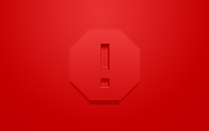 Warning 3d icon, exclamation mark, red background, 3d symbols, Warning, creative 3d art, 3d icons, Warning sign, warning signs