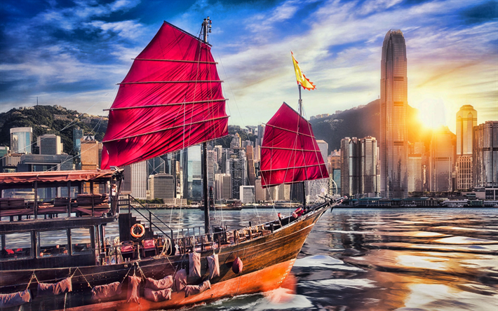 Hong Kong, Victoria Harbour, sunset, junk, skyscrapers, cityscapes, China, Asia, Hong Kong Attractions