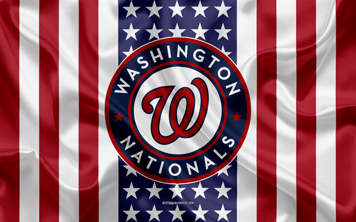 Washington Nationals, 4k, logo, emblema, textura de seda, Bandeira americana, Americana de beisebol clube, MLB, Washington, EUA, Major League Baseball, beisebol, seda bandeira