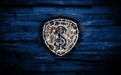 Swope Park Rangers FC, yanan logo, USL Şampiyonası, mavi ahşap arka plan, Amerikan Futbol Kul&#252;b&#252;, Swope Park Rangers, grunge, futbol, Swope Park Rangers logosu, Kansas City, USA