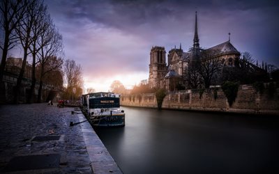 Notre-Dame de Paris, gece, Paris, simge, nehir, G&#252;n batımı, Fransa, Notre-Dame Katedrali