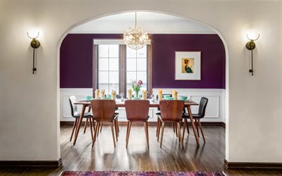 sala da pranzo, eleganti interni, interni moderni, pareti viola, grande tavolo