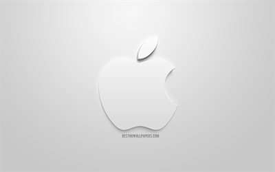 Apple-Logo, valkoinen tyylik&#228;s taidetta, valkoinen 3d-logo, Apple, tunnus, valkoinen tausta, luova 3d art