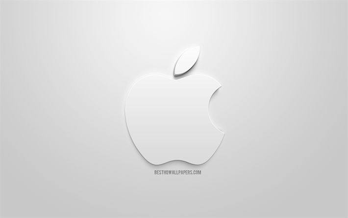 Apples Logotyp, vit elegant art, vita 3d-logotyp, Apple, emblem, vit bakgrund, kreativa 3d-konst