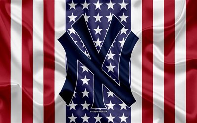 New York Yankees, 4k, logo, emblem, silk texture, American flag, American baseball club, MLB, New York, USA, Major League Baseball, baseball, silk flag