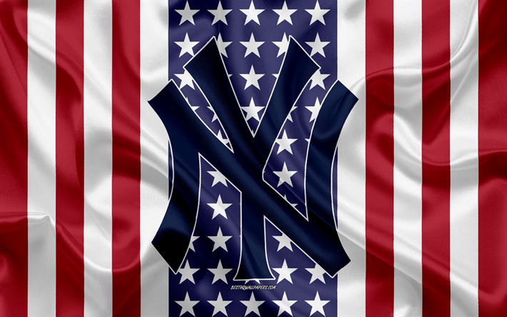 نيويورك يانكيز, 4k, شعار, نسيج الحرير, العلم الأمريكي, البيسبول الأميركي النادي, MLB, نيويورك, الولايات المتحدة الأمريكية, دوري البيسبول, البيسبول, الحرير العلم