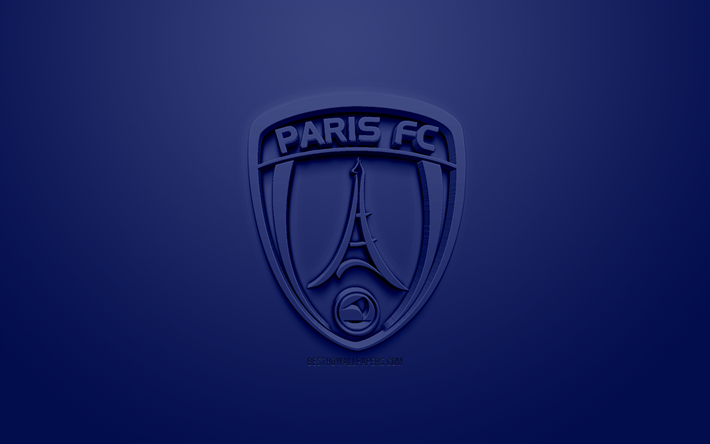 Paris FC, creative 3D logo, blue background, 3d emblem, French football club, Ligue 2, Paris, France, 3d art, football, stylish 3d logo