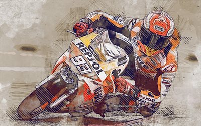 Marc Marquez, Spanish motorcycle racer, MotoGP, LCR Honda Castrol, Honda RC213V, grunge art, creative art, Honda, racing