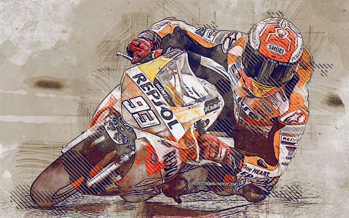 Marc Marquez, Espanjan moottoripy&#246;r&#228; racer, MotoGP, LCR Honda Castrol, Honda RC213V, grunge art, creative art, Honda, racing