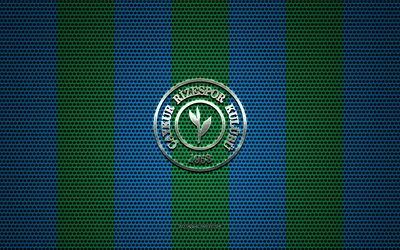 Rizespor logo, Turkish football club, metal emblem, green-blue metal mesh background, Super Lig, Rizespor, Turkish Super League, Rize, Turkey, football