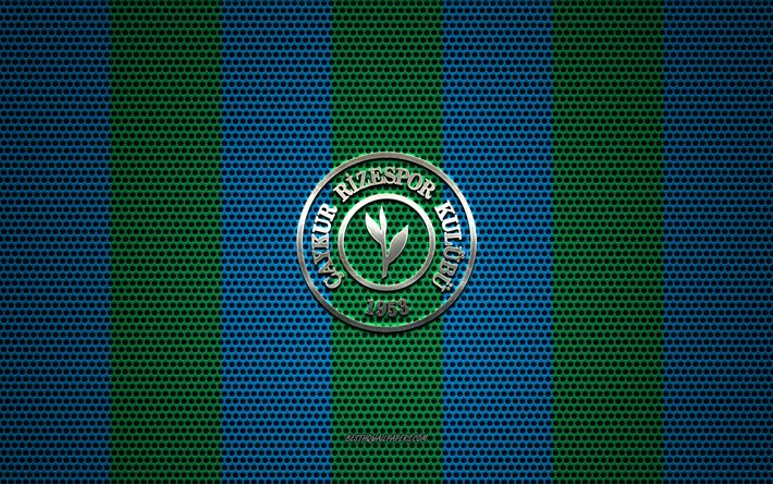 Rizespor logo, Turkish football club, metal emblem, green-blue metal mesh background, Super Lig, Rizespor, Turkish Super League, Rize, Turkey, football