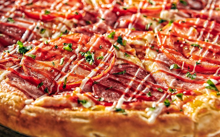 pizza com salsicha, comida r&#225;pida, pizza, carne de pizza, comida deliciosa