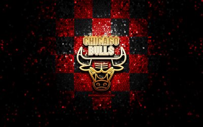 Chicago Bulls, glitter, logo, NBA, rosso, nero, sfondo a scacchi, USA, canadese squadra di basket dei Chicago Bulls logo, mosaico, arte, basket, America