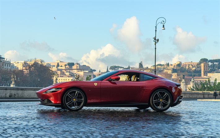 Ferrari Roma, 2020, exterior, side view, red sports coupe, new red Roma, supercar, Italian sports cars, Ferrari