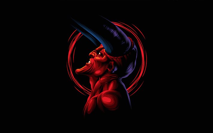 الشيطان الأحمر, 4k, الحد الأدنى, الوحش, خلفية سوداء, الشيطان, شيطان