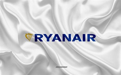 Ryanair logotipo de la aerol&#237;nea, el blanco de seda textura de las l&#237;neas a&#233;reas, logotipos, Ryanair emblema, de seda, de fondo, bandera de seda, Ryanair