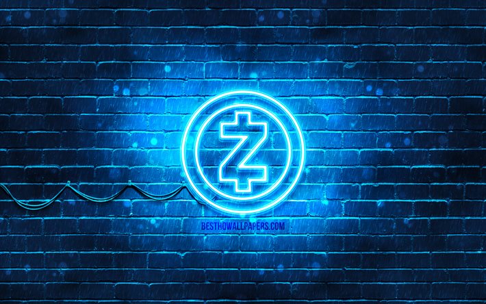 Zcash blue logo, 4k, blue brickwall, Zcash logo, cryptocurrency, Zcash neon logo, cryptocurrency signs, Zcash