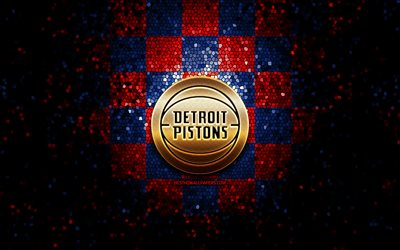 Detroit Pistons, glitter, logo, NBA, rosso, blu, sfondo a scacchi, USA, canadese squadra di basket, mosaico, arte, basket, America