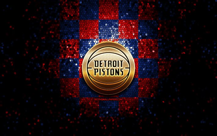 Detroit Pistons, glitter logotyp, NBA, r&#246;d bl&#229; rutig bakgrund, USA, kanadensiska basketlag, Detroit Pistons logotyp, mosaik konst, basket, Amerika