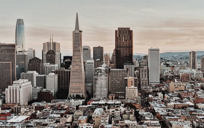 San Francisco, Salesforce Tower, Transamerica Pyramid, 555 California Street, Bank of America Center, skyscrapers, sunset, evening, cityscape, skyline, Financial District of San Francisco, California, USA