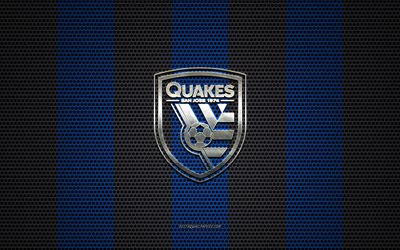 San Jose earthquakes logo, American soccer club, metallo emblema, blu, nero maglia metallica sfondo, San Jose earthquakes, MLS, San Jose, California, USA, calcio