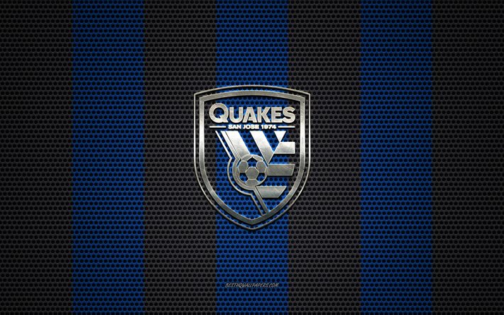 サンノゼの地震のロゴ, アメリカのサッカークラブ, 金属エンブレム, 青ブラックメタルメッシュの背景, サンノゼの地震, MLS, サンノゼ, カリフォルニア, 米国, サッカー