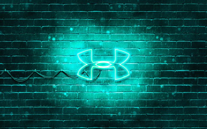 Under Armour turquoise logo, 4k, turquoise brickwall, Under Armour logo, sports brands, Under Armour neon logo, Under Armour