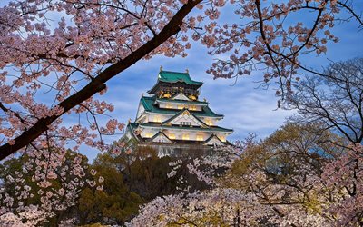 Castelo De Osaka, Castelo japon&#234;s, primavera, noite, p&#244;r do sol, belo castelo, a arquitetura japonesa, marco, Osaka, Jap&#227;o