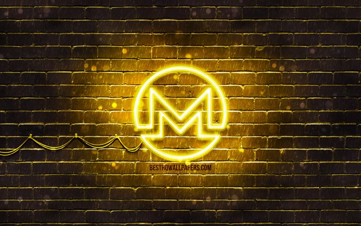 Monero yellow logo, 4k, yellow brickwall, Monero logo, cryptocurrency, Peercoin neon logo, cryptocurrency signs, Monero
