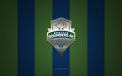 seattle sounders fc-logo, american soccer club, metall-emblem, blau, gr&#252;n, metall-mesh-hintergrund, seattle sounders fc, mls, seattle, washington, usa, fu&#223;ball
