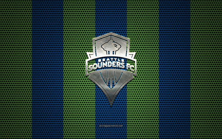 Seattle Sounders FC logo, American football club, embl&#232;me m&#233;tallique, vert, bleu m&#233;tallique treillis arri&#232;re-plan, Seattle Sounders FC, MLS, Seattle, Washington, etats-unis, le football