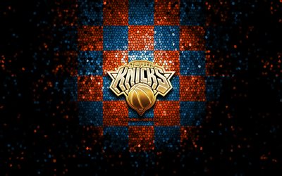 New York Knicks, glitter logotyp, NBA, orange bl&#229; rutig bakgrund, USA, kanadensiska basketlag, New York Knicks logotyp, mosaik konst, basket, Amerika, NY Knicks