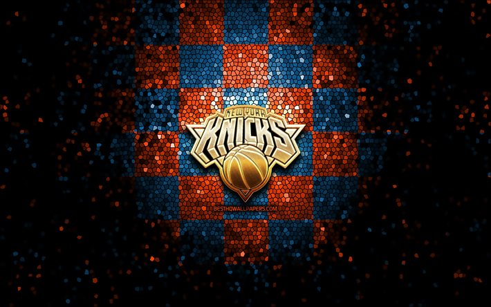 New York Knicks, glitter logo, NBA, turuncu, mavi damalı arka plan, ABD, Kanada Basketbol Takımı, New York Knicks logo, mozaik sanatı, basketbol, Amerika, NY Knicks