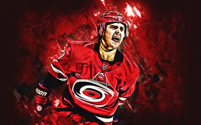 Sebastian Aho, Carolina Hurricanes, NHL, Finnish hockey player, portrait, red stone background, hockey