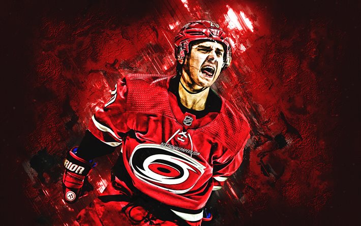 Sebasti&#225;n Aho, Carolina Hurricanes, NHL, finland&#233;s jugador de hockey, retrato, rojo de la piedra de fondo, hockey
